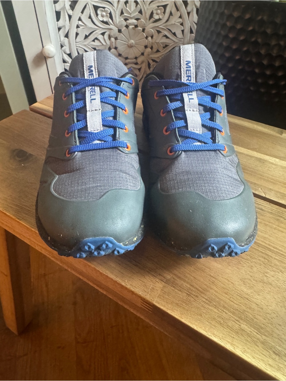 Merrell Kids Gray and Blue Trail Runner hiking shoes, barely worn